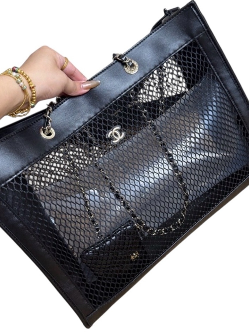 Black Mesh Chain Tote + Mini Pouch | VIP Gift | Faux Leather